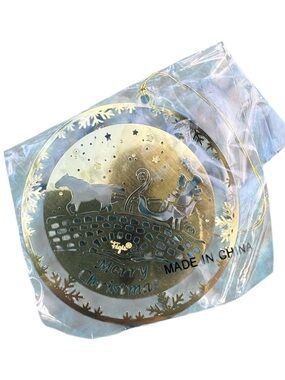 Vintage Figi’s Brass Merry Christmas Ornament NIP Winter Scene